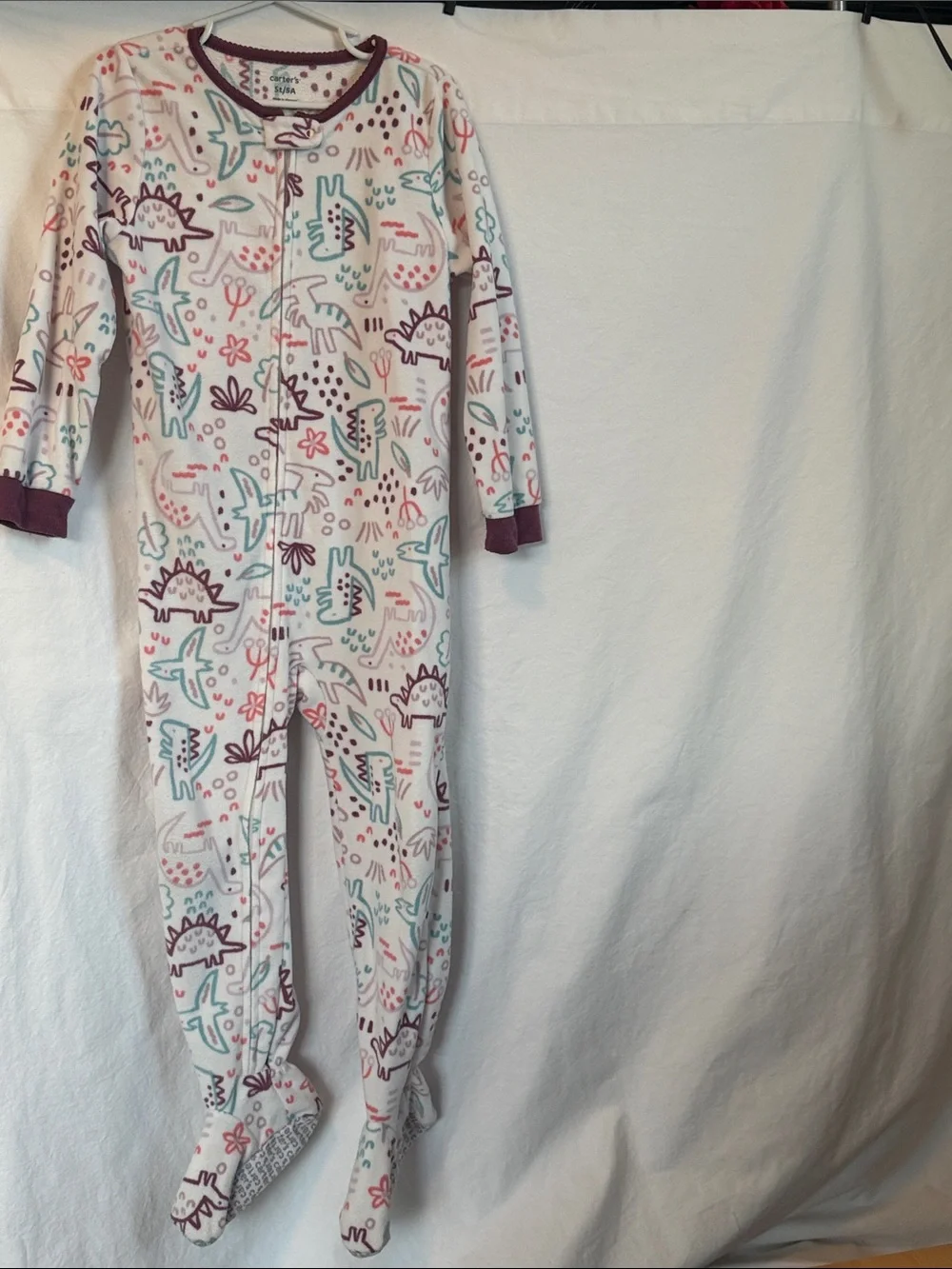 Carter's White Footed Pajamas with Teal Pink and Maroon Dinosaur Print